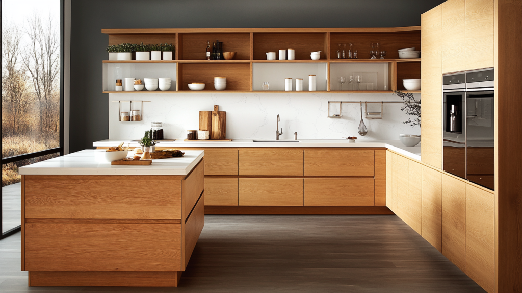 Contemporary kitchen with white oak cabinetry, a central island, and ample natural light.