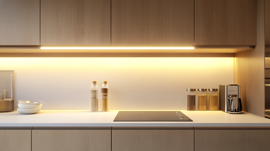 Modern white oak kitchen design with pendant lighting and large windows providing natural light.