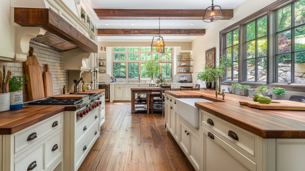 Warm and inviting farmhouse kitchen with cream cabinets, wooden butcher block countertops, farmhouse sink, black hardware, and rustic wood beams on the ceiling.