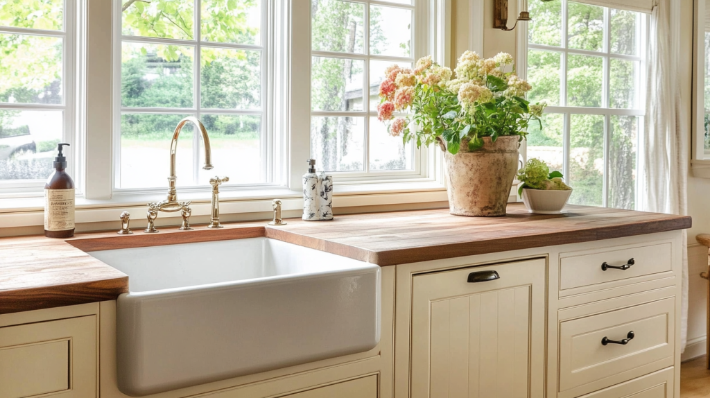Bright and warm kitchen interior featuring cream-colored farmhouse-style cabinets with wooden butcher block countertops, vintage-style bronze faucet, and large windows allowing natural sunlight.
