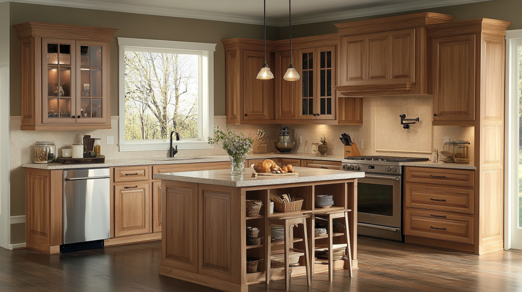White oak kitchen with open shelving, exposed wooden beams, and soft lighting for a cozy, inviting farmhouse look.