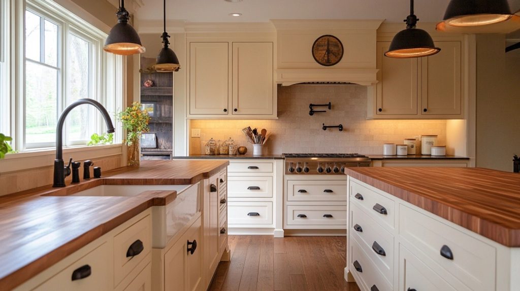 Warm kitchen featuring matte cream cabinets with a soft, understated finish, wooden butcher block countertops, farmhouse sink, and black hardware.