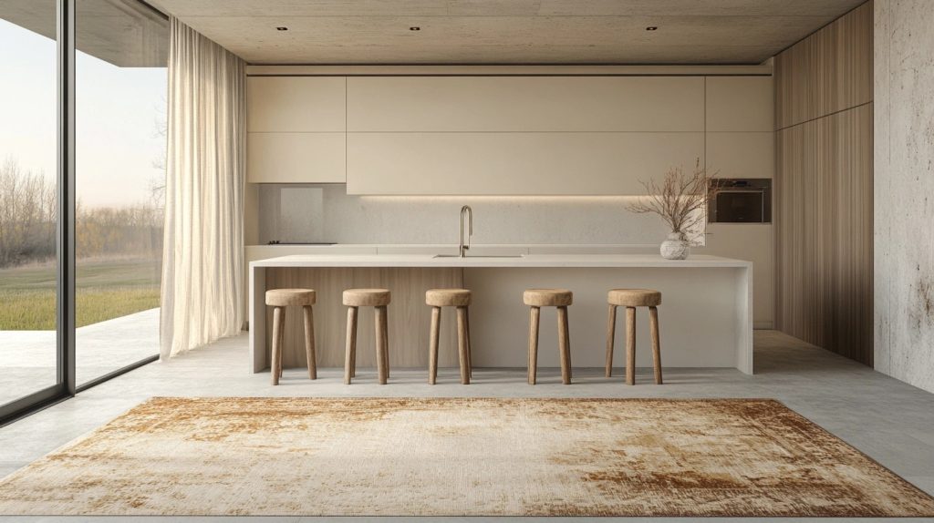Cream kitchen with matte finish cabinets and warm natural wood flooring