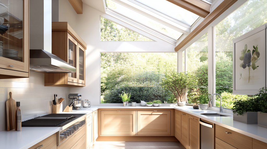 Modern kitchen with white oak cabinets and large windows, allowing natural light to flood the space.