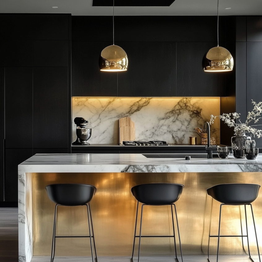 Dark kitchen with gold and brass accents, marble backsplash, and illuminated bar island.