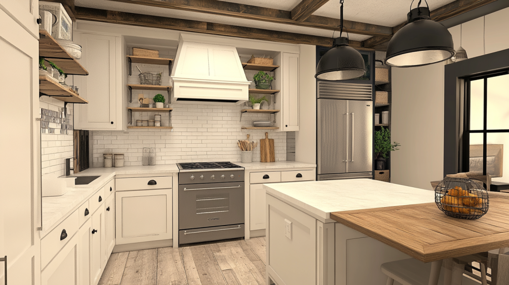Cozy modern farmhouse kitchen showcasing distressed white oak cabinets, floating wood shelves, white subway tile backsplash, black metal hardware, and a butcher-block countertop island beneath rustic pendant lights.