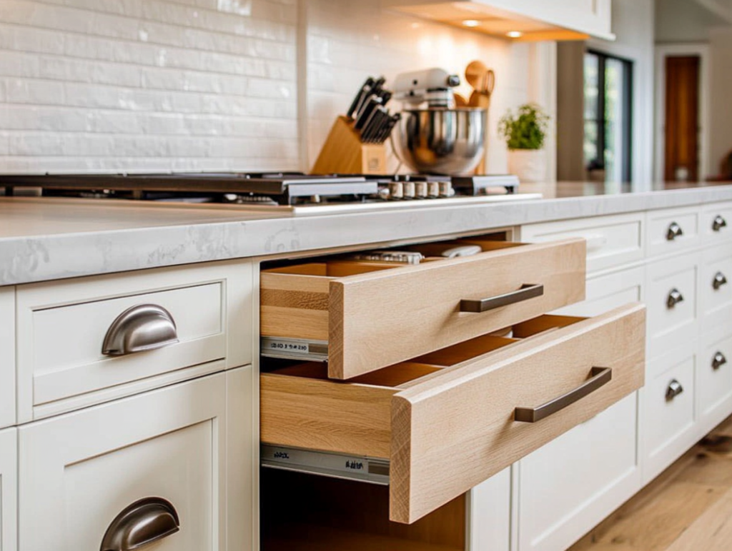 Modern kitchen drawer system with two-tier wooden storage under marble countertop.