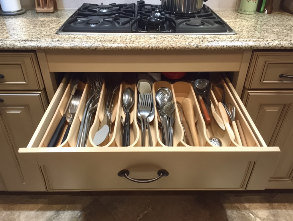 Drawer organizers keep utensils neatly arranged in a traditional kitchen with granite countertops and beige cabinetry