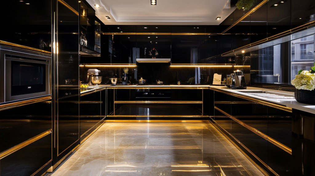 Glossy black lacquer kitchen cabinets trimmed with gold and integrated lighting highlighting a modern luxury design.