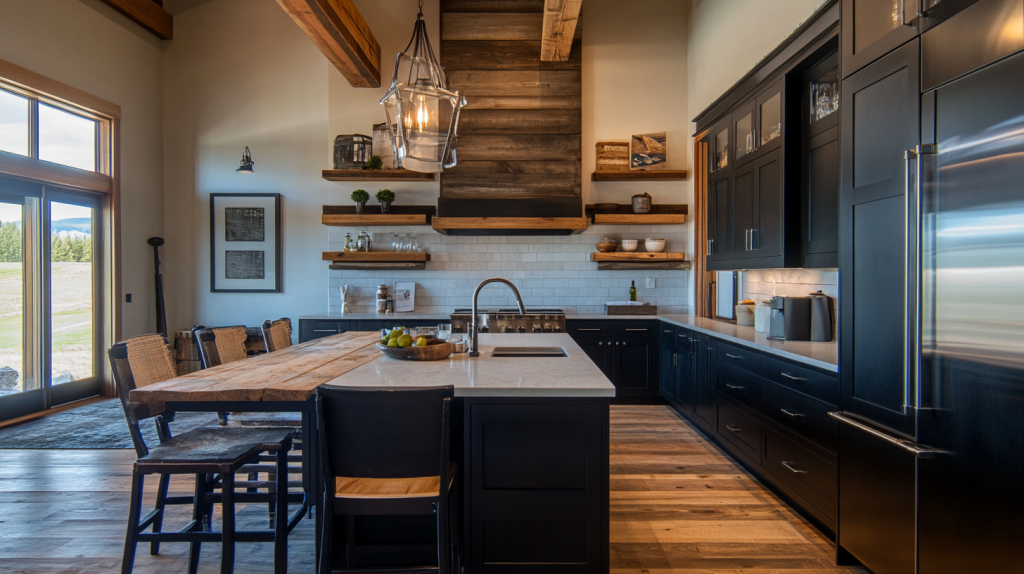 Black kitchen cabinets paired with white countertops and wood shelving in a modern kitchen design.