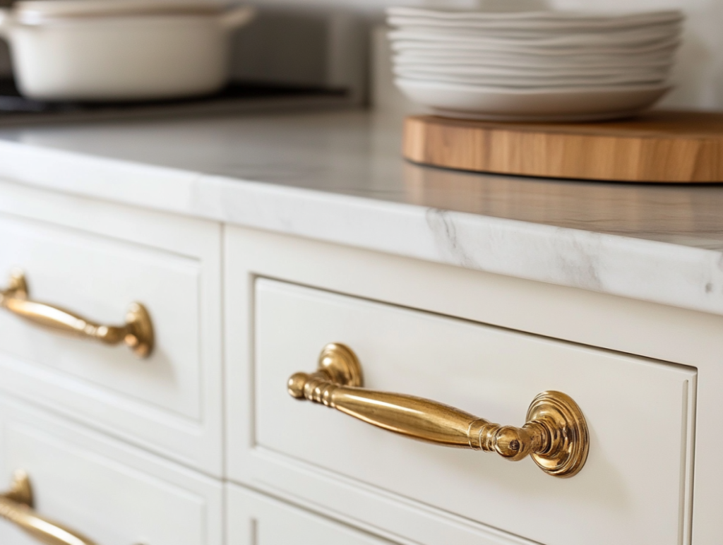 Brass kitchen handles on cream-colored drawers with marble countertops
