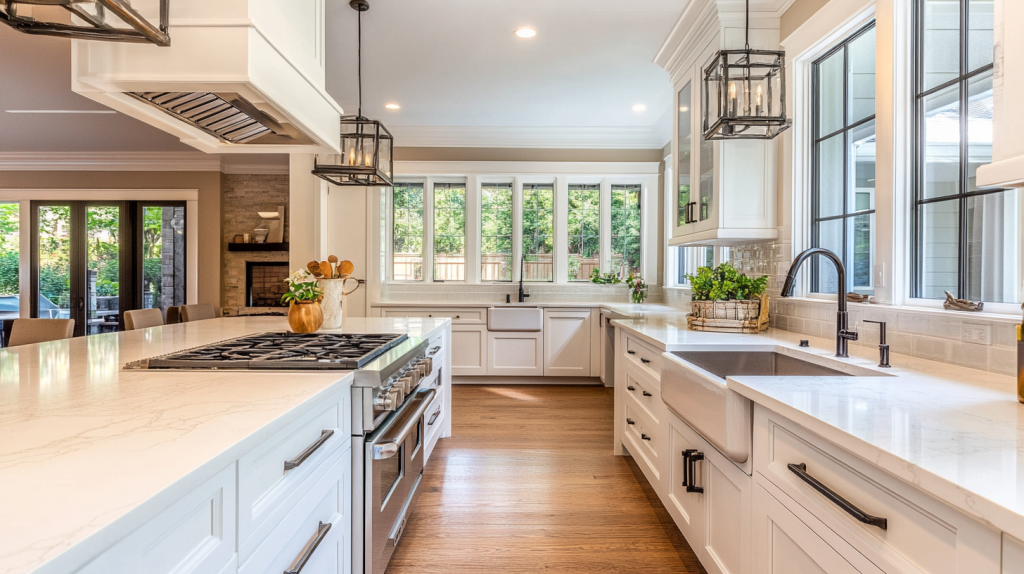 Bright and spacious kitchen with cream colored Shaker-style cabinets, large marble countertops, farmhouse sink, and natural wood flooring, featuring black hardware and large windows letting in natural light.
