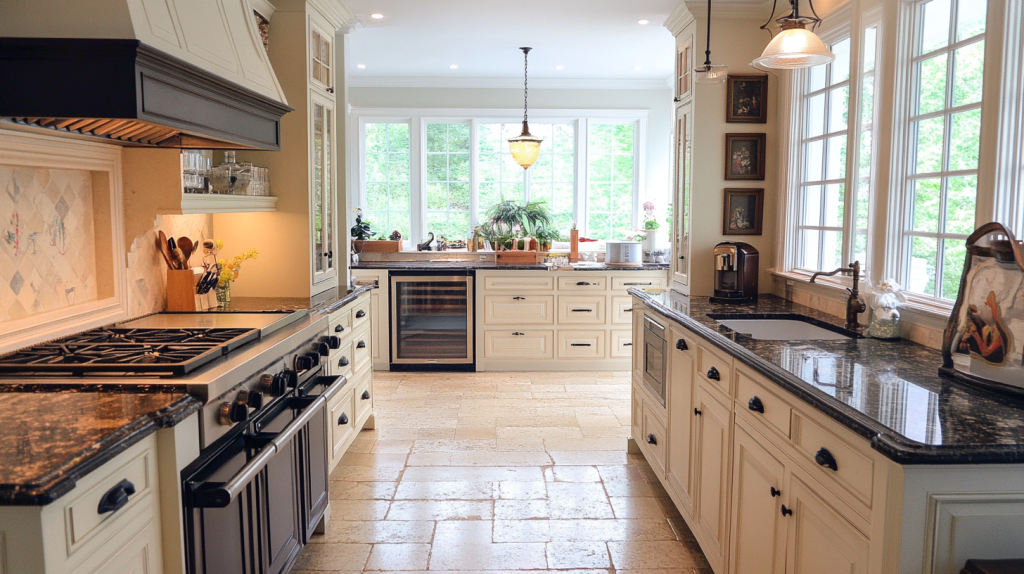 Bright kitchen with elegant white cabinets featuring intricate molding and textured black granite countertops, illuminated by natural light from large windows.