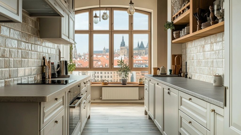 Elegant cream kitchen cabinets with black hardware and rustic wooden countertops