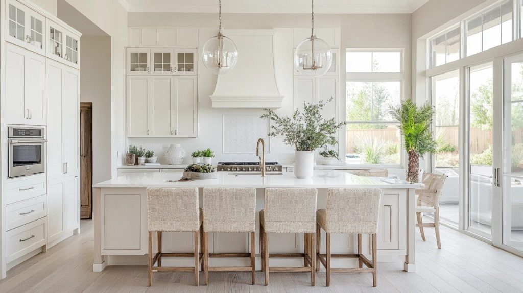 Elegant cream kitchen with marble backsplash, gold fixtures, ample natural light, and classic cabinetry design.