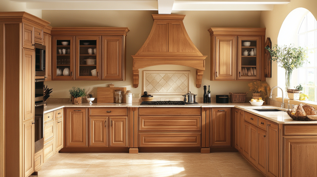 White oak kitchen cabinets with a classic, warm design, featuring traditional door styles and spacious countertops, enhanced by natural sunlight from a large window.