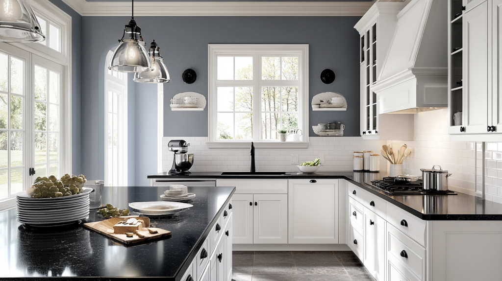 Cozy kitchen with soft blue walls, white cabinets, black countertops, white subway tile backsplash, and layered lighting.