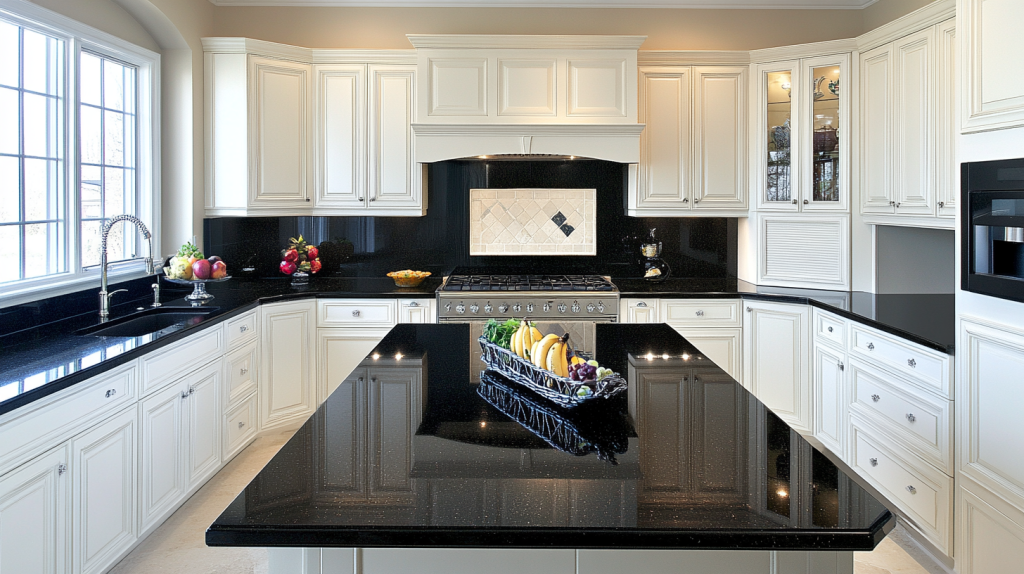 Spacious kitchen featuring classic white cabinets paired with glossy black countertops and a large black island countertop adorned with fresh fruit centerpiece.