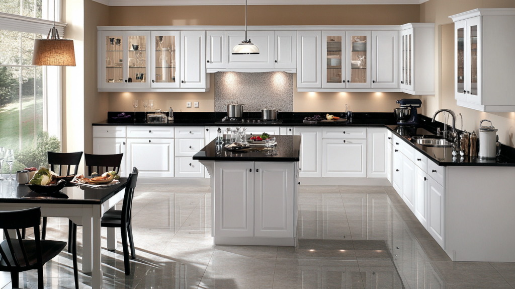 L-shaped white kitchen with black countertops and dining area, flooded with natural light.