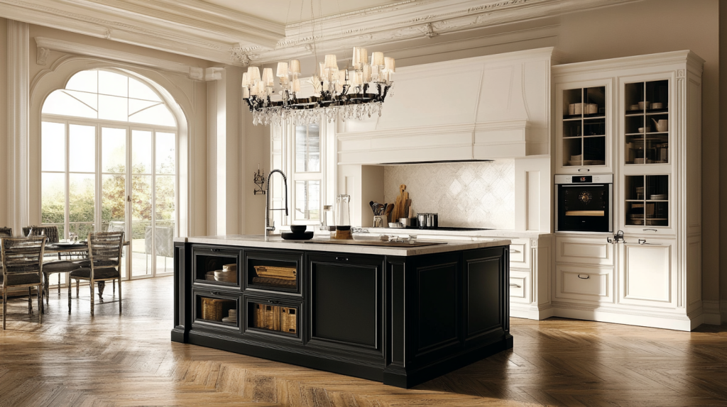 A large kitchen with a bold black island and light-toned cabinetry, creating a stylish, modern atmosphere.