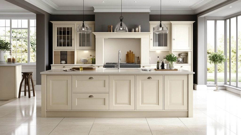 Spacious large kitchen with cream cabinets, marble countertops, gold hardware, and expansive natural light from floor-to-ceiling windows.