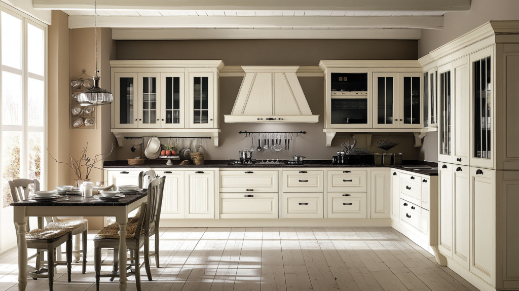A modern white kitchen featuring elegant cabinetry with black hardware, creating a sophisticated and timeless design.