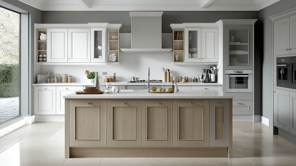 A modern white kitchen featuring a wood-accented island and light grey walls, creating a stylish and cozy atmosphere.