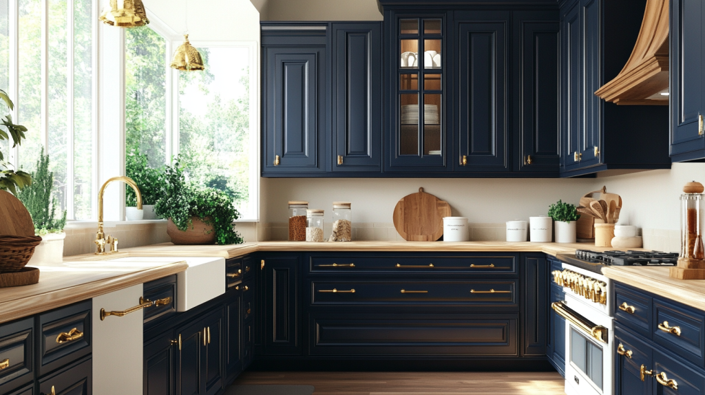 Elegant navy blue kitchen cabinets with gold handles, wooden countertops, farmhouse sink, and large windows flooding natural light.