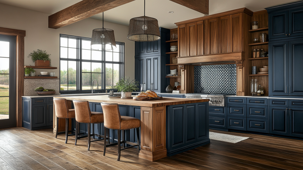 Elegant kitchen with navy blue kitchen cabinets, gold hardware, wooden accents, and warm lighting.