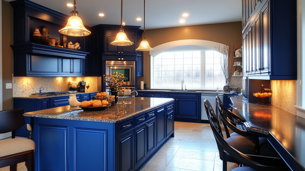Navy blue cabinets with granite countertops and arched window