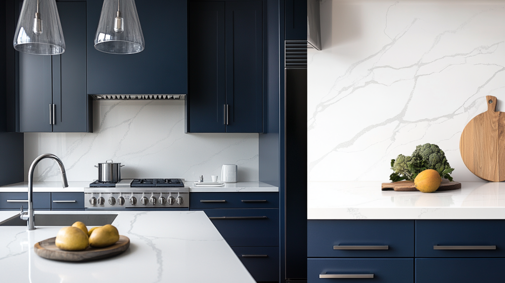 Navy blue kitchen cabinets with marble backsplash and white countertops