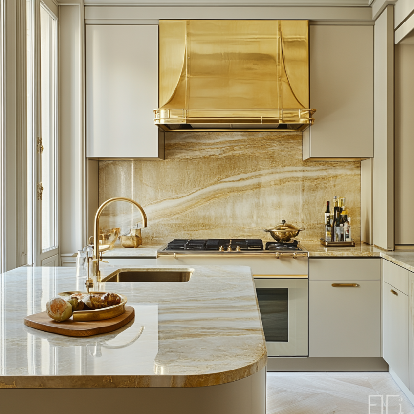 Small kitchen with gold range hood, matching gold faucet, and marble backsplash.