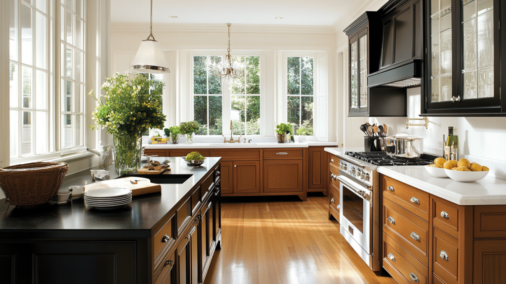 two tone kitchen cabinets featuring black and wood tones with white countertops and large windows