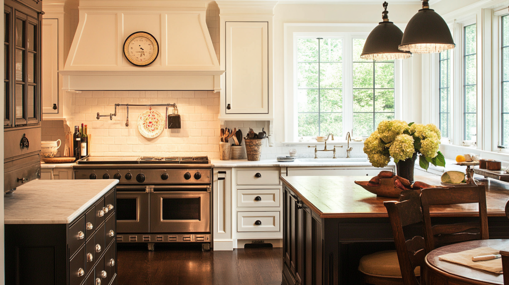 Contemporary kitchen with white and dark two-tone cabinets. The design includes an elegant kitchen island and stylish lighting fixtures that create a cozy atmosphere.