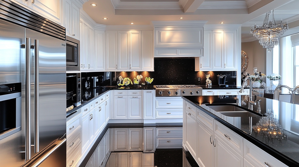 Elegant modern kitchen with coffered ceilings, white cabinets, black countertops, and chrome appliances.