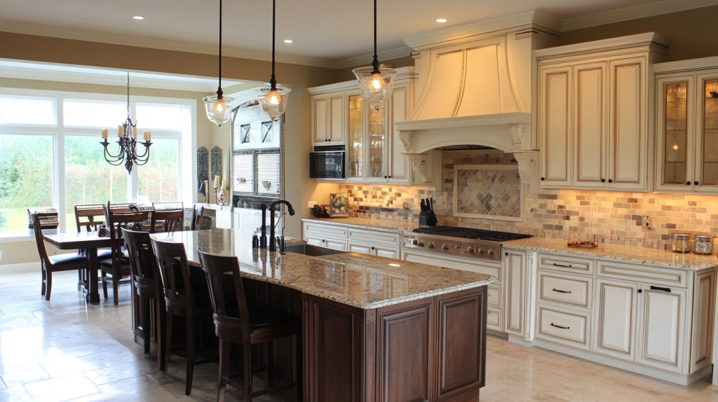Traditional-style kitchen featuring white cabinets with a warm island, elegant pendant lighting, and a spacious layout for family gatherings.
