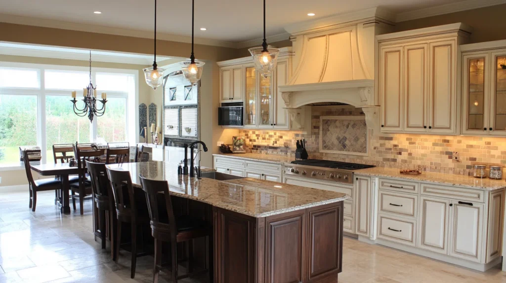 Traditional-style kitchen featuring white cabinets with a warm island, elegant pendant lighting, and a spacious layout for family gatherings.