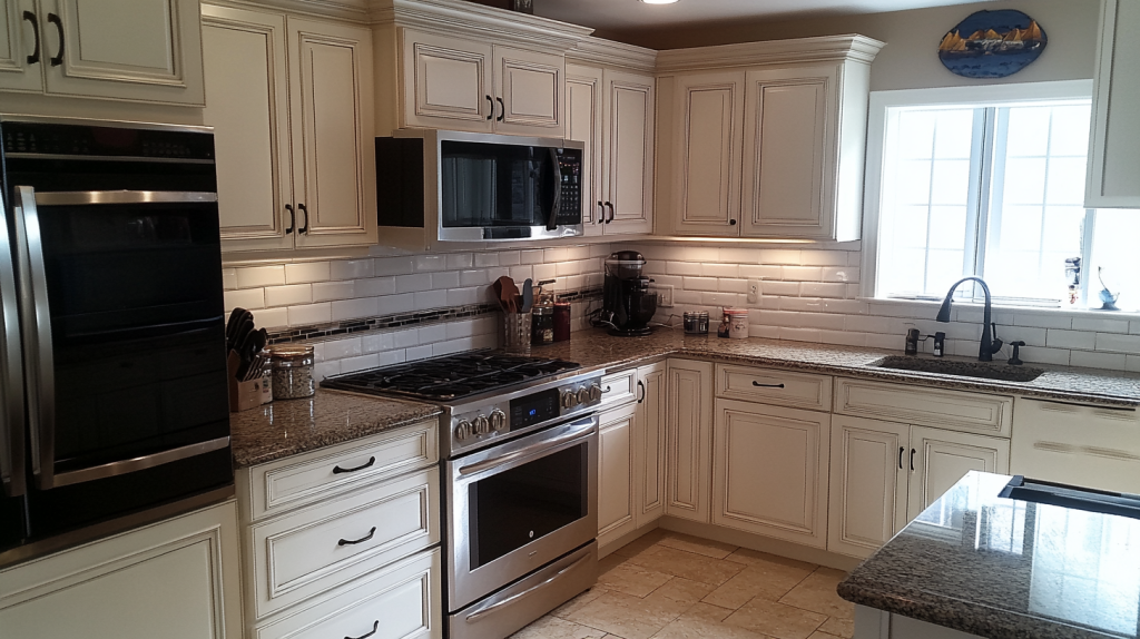 A classic white kitchen featuring a crystal chandelier, subway tile backsplash, and elegant white cabinetry for a timeless design.