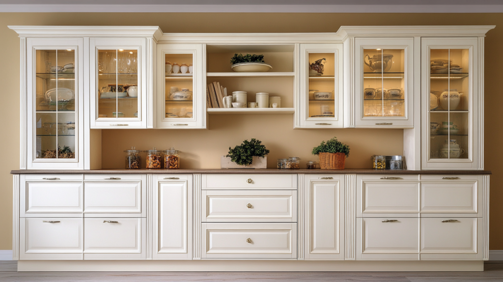 A sophisticated white kitchen with elegant glass-front cabinets, perfect for displaying dishware while keeping a neat and organized design.
