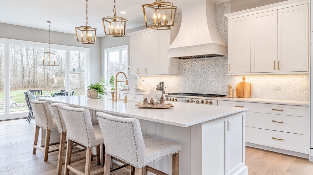 An elegant white kitchen with a herringbone backsplash, gold hardware, and a spacious island for a stylish cooking space.