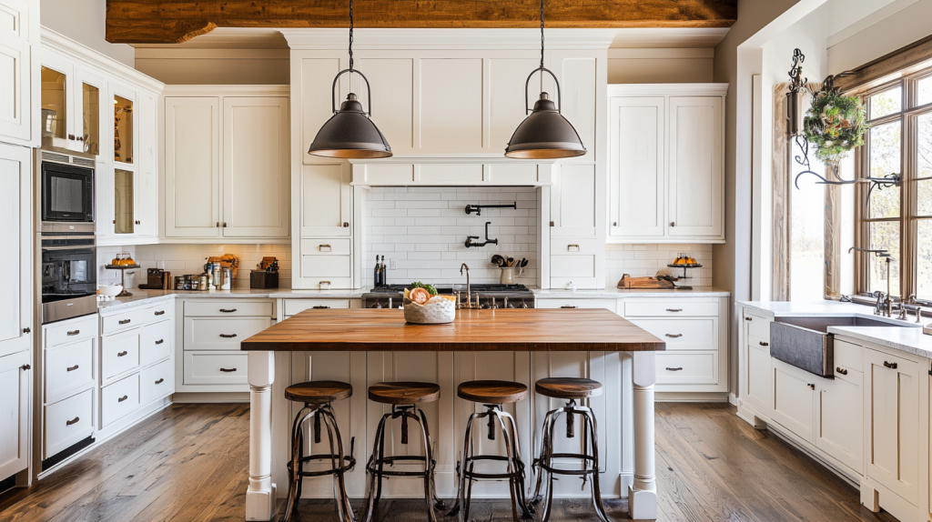 Modern white kitchen with large island and industrial light fixtures. The kitchen features classic white cabinets with sleek lines, a spacious wooden island, and stylish dark stools, creating a contemporary farmhouse vibe.