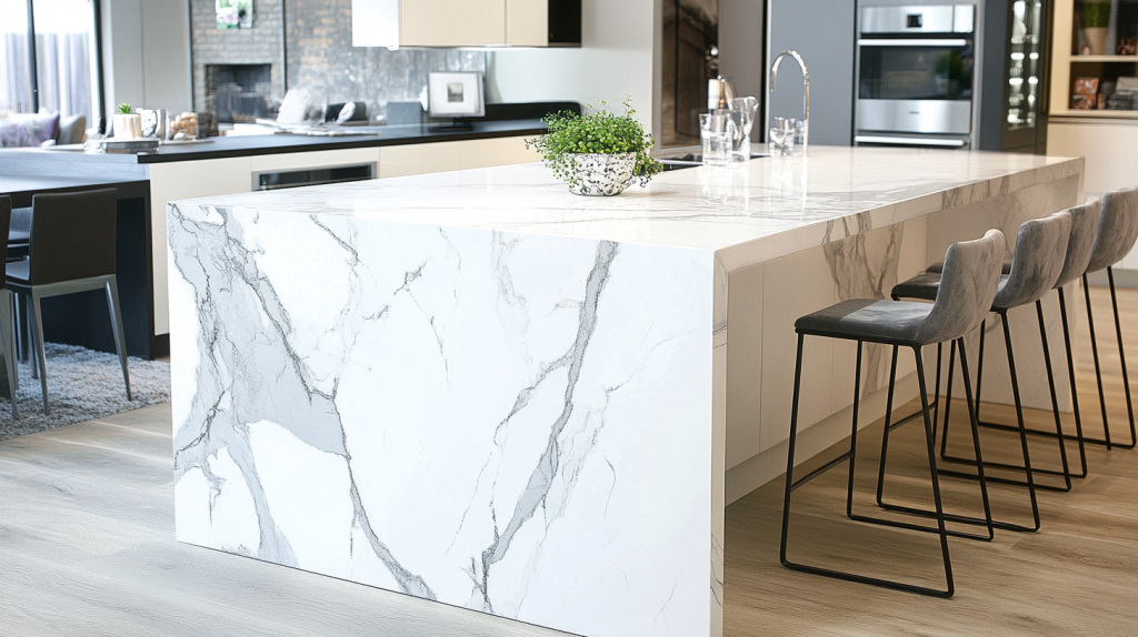 A modern white kitchen featuring a sleek marble countertop, offering an elegant and luxurious feel to the space.