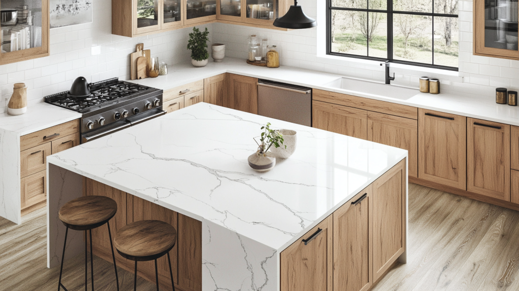 Sleek white oak kitchen with marble countertops and dark accents.