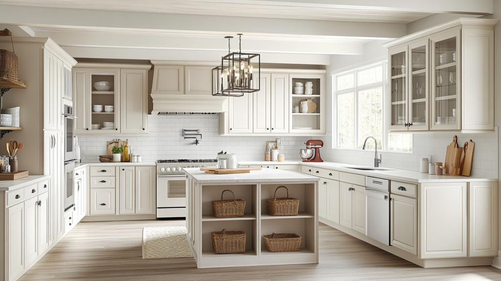 Modern white kitchen with white oak cabinets and open shelving. Stylish island with storage baskets and sleek, contemporary design.