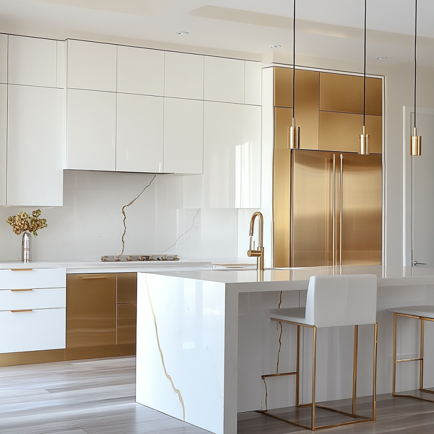Modern floating white kitchen cabinets with gold accents and a sleek white marble island featuring gold veining in an airy kitchen.