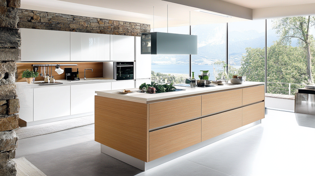 A modern kitchen featuring frameless white oak cabinetry, sleek countertops, and expansive windows with a scenic outdoor view.