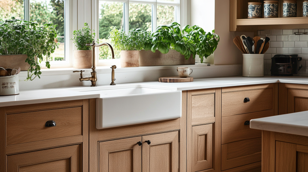 White oak kitchen cabinets with potted plants on windowsill adding freshness to the kitchen design.