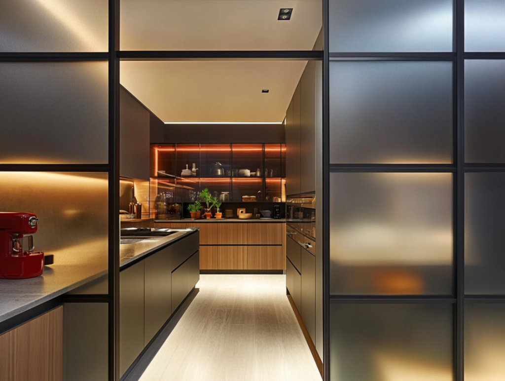 Kitchen cabinets with frosted glass doors offering subtle transparency and soft lighting for a modern look