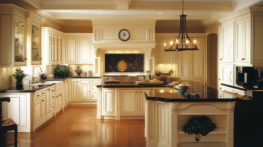 Spacious elegant kitchen with full-view white cabinets adorned with molding details, large black granite island countertop, and warm ambient lighting.