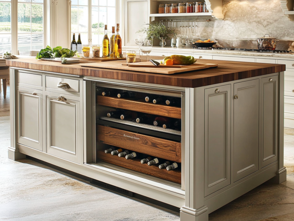 Metal-faced kitchen cabinet doors with frosted glass panels adding a futuristic touch